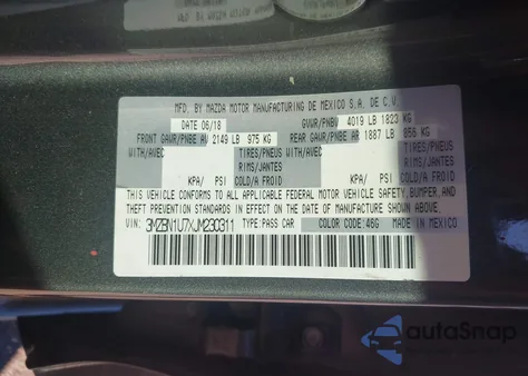 2018 Mazda Mazda3 Sport z USA, uszkodzony, nr VIN 3MZBN1U7XJM230311